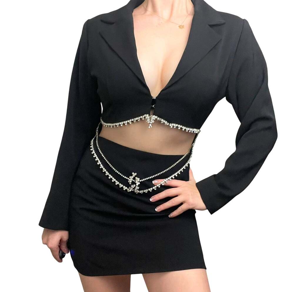 NWT Fore Black Cut-Out Blazer Mini Skirt Dress Rhinestone Fringe Chains Size S